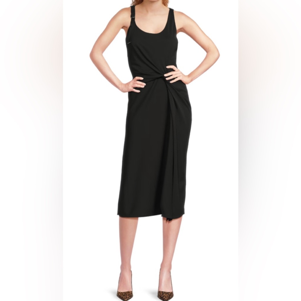 DkNY Dress Women Sz#16 Black Wrap Front Midi Sleveless New